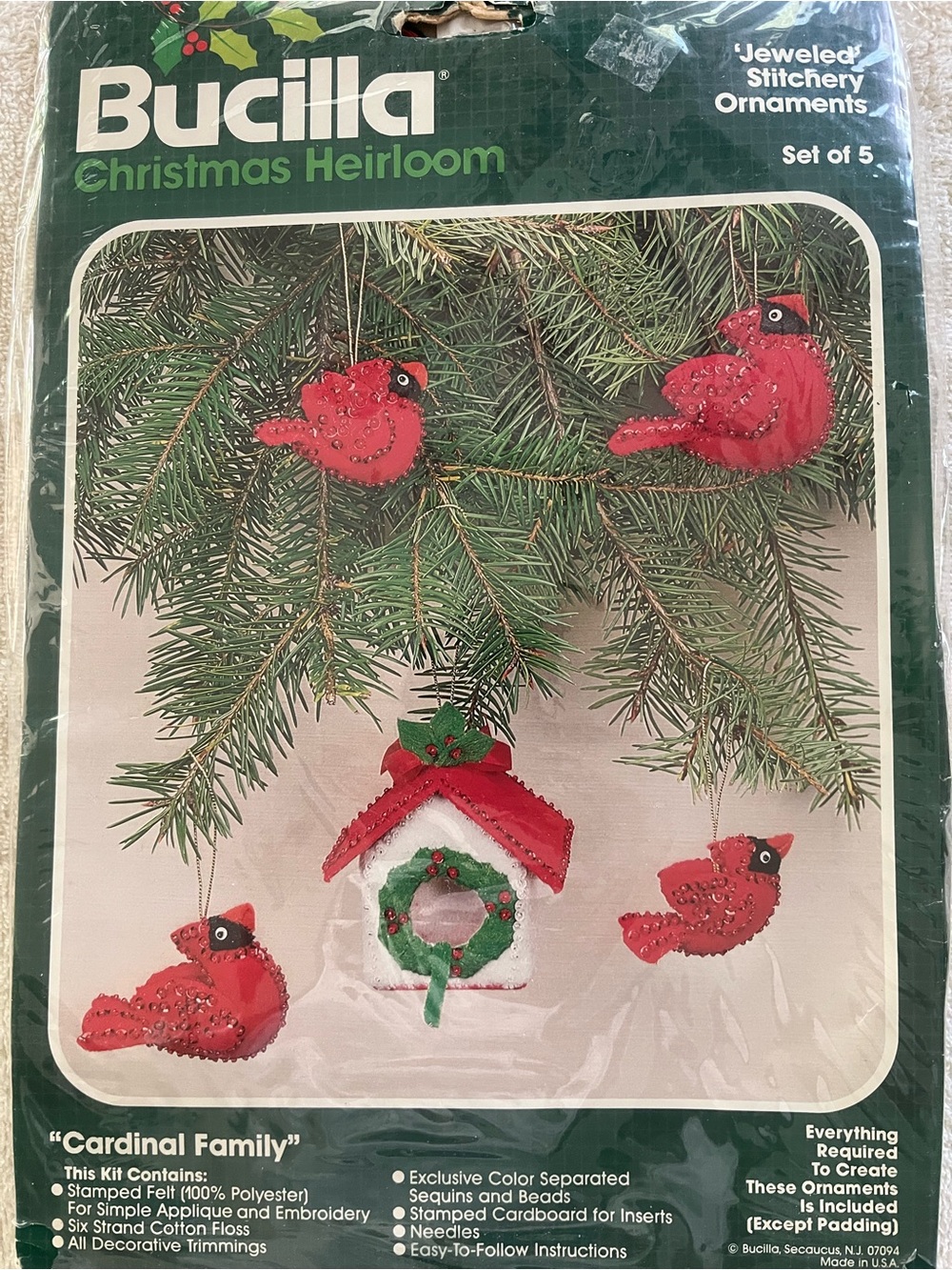 Bucilla Red Jeweled Cardinal Stitchery Ornaments Set
